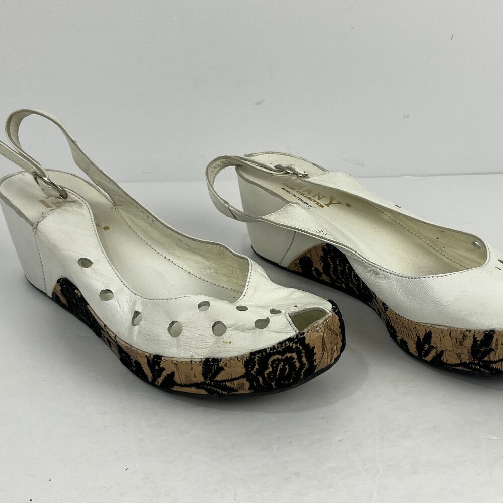 Phany Wedge Sandals Size 8 EU 39 White Leather Beige Round Open Toe Heel 2.5in
